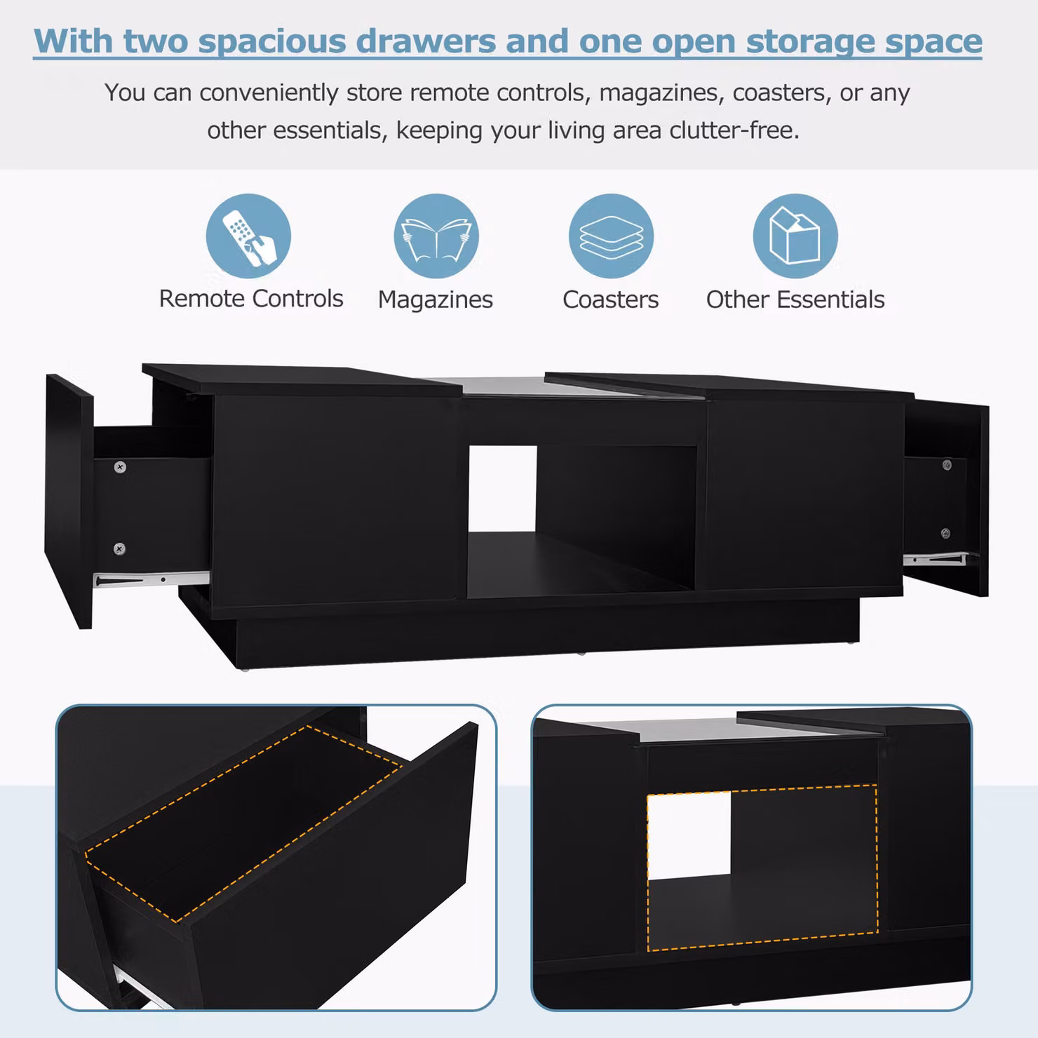 Aosom.UK Modern 2-Tier Coffee Table with App-Controlled LED Lights and 2 Drawers in Black, W: 100 cm, D: 50 cm, H: 35.5 cm – 7