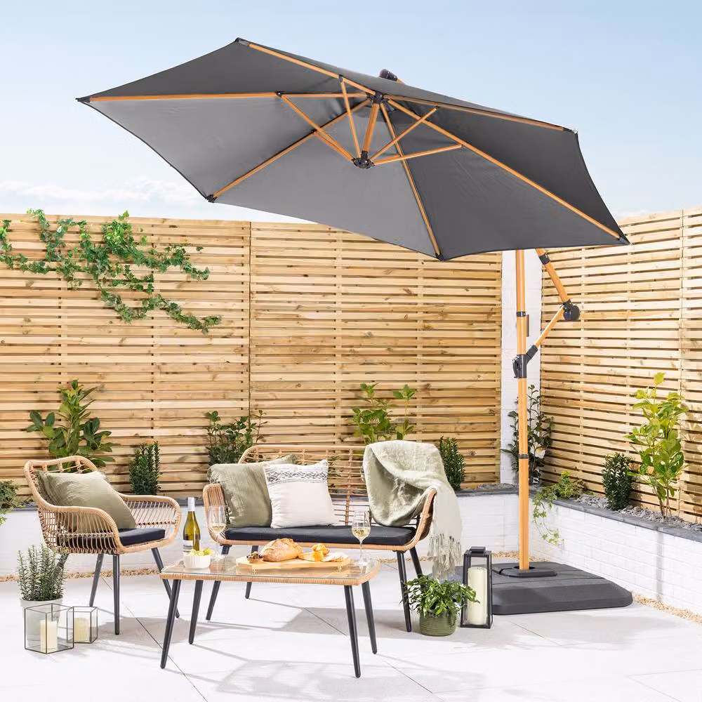 Christow 3m Banana Parasol in Grey with Wood Effect Crank Handle and UPF 50+ Protection – 2