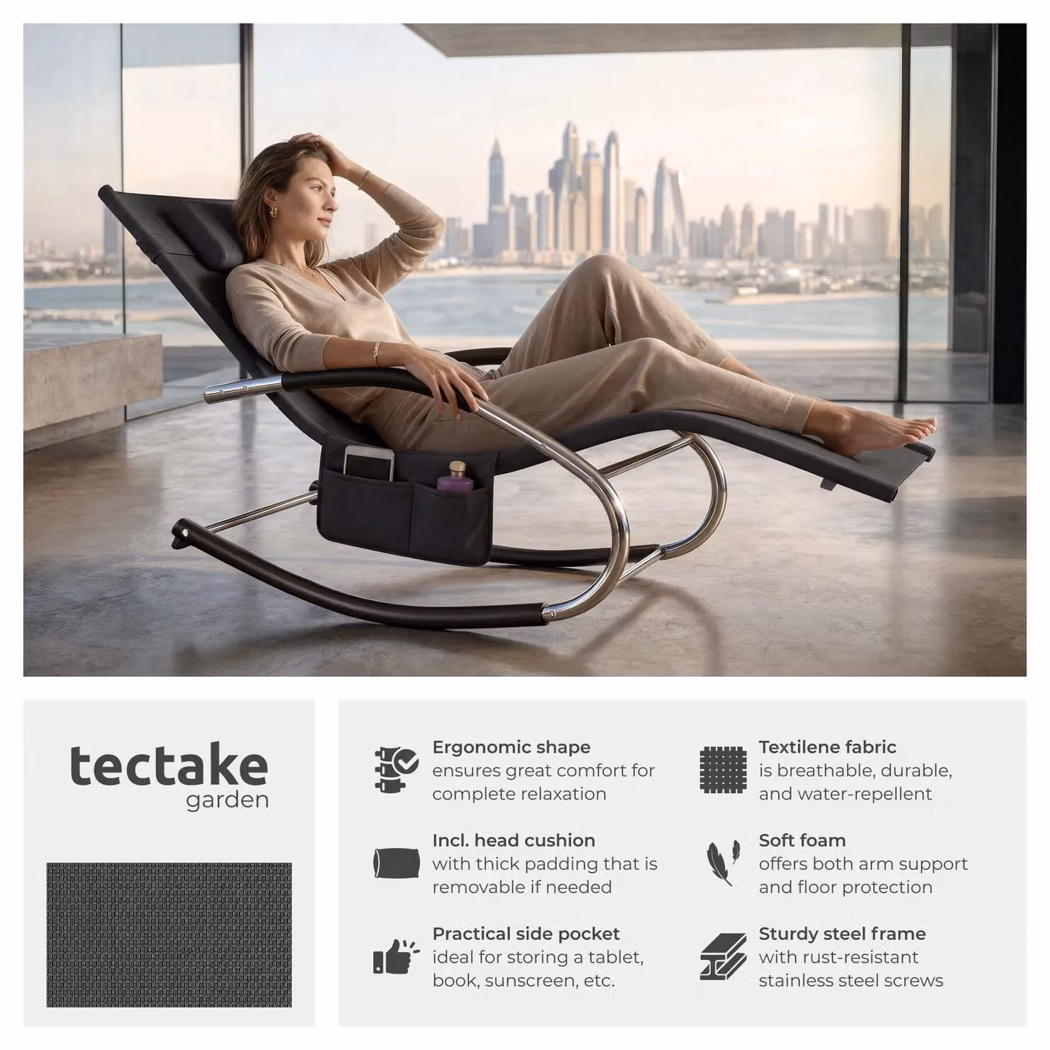 tectake Taya 2 Seater Sun Lounger in Black and Grey with Metal and Textilene Frame – 2