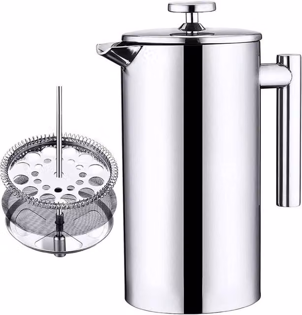 KORVIXA Double Wall Cafetiere Filter Coffee Maker Plunger in Silver