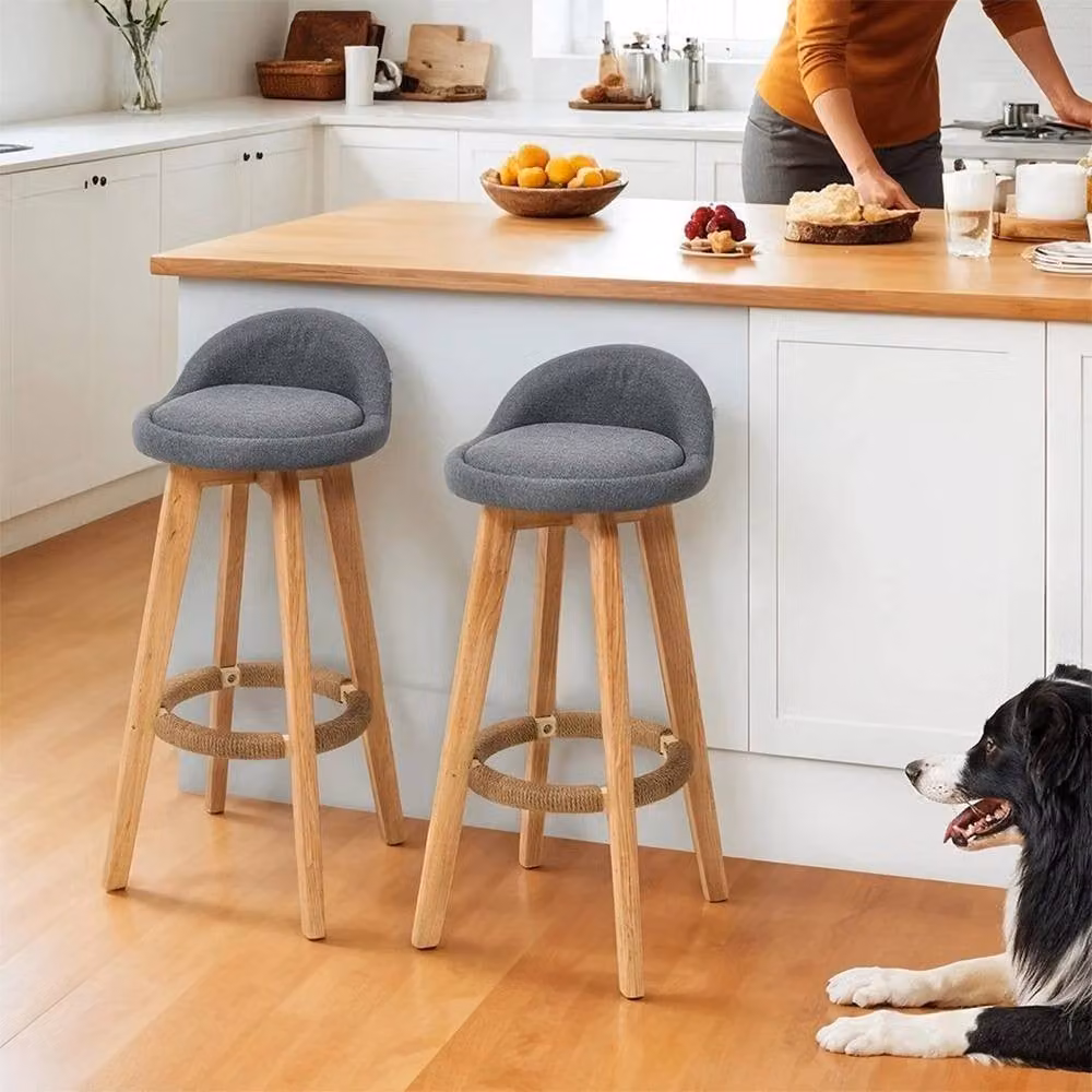KORVIXA Set of 2 Grey Linen-Upholstered Tall Bar Stools with Wood Frame – 3