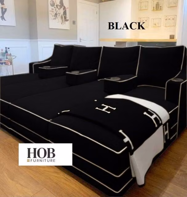 HOB Furniture Viva Luxury U-Shape Cinema Sofa in Black Velvet Fabric with Cup Holders