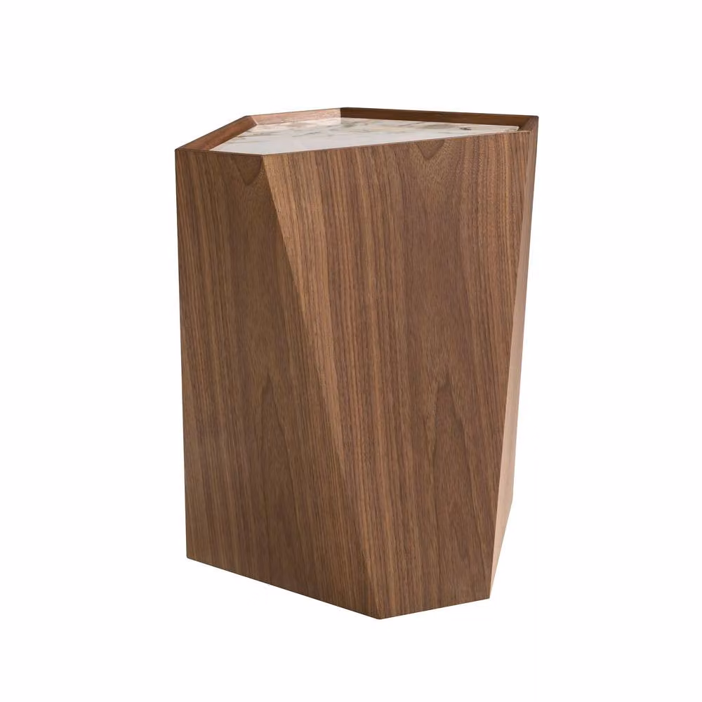 Angel Cerda Modern Triangular Corner Table with White Ceramic Marble Top and Walnut Wood Base – 2