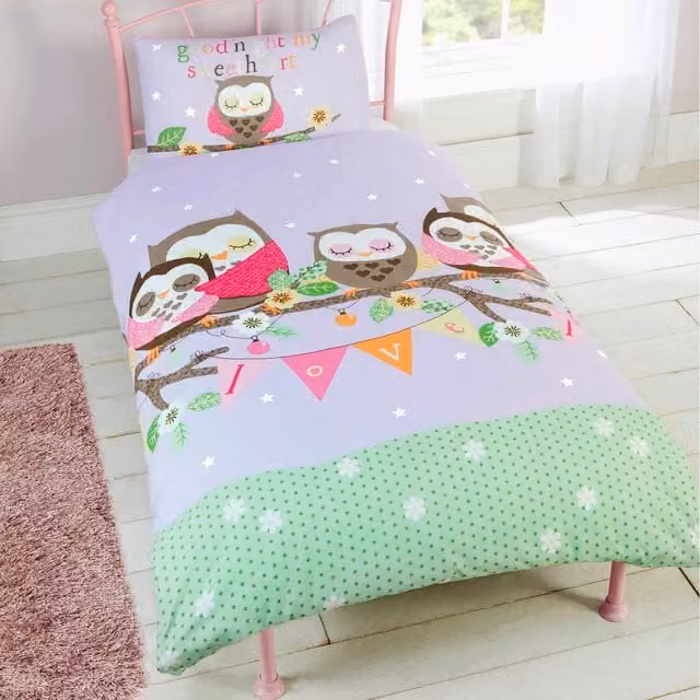 Rapport Home Goodnight Sweetheart Polycotton Duvet Set and Pillowcase with Animal Graphic Design in Multicolour and Purple
