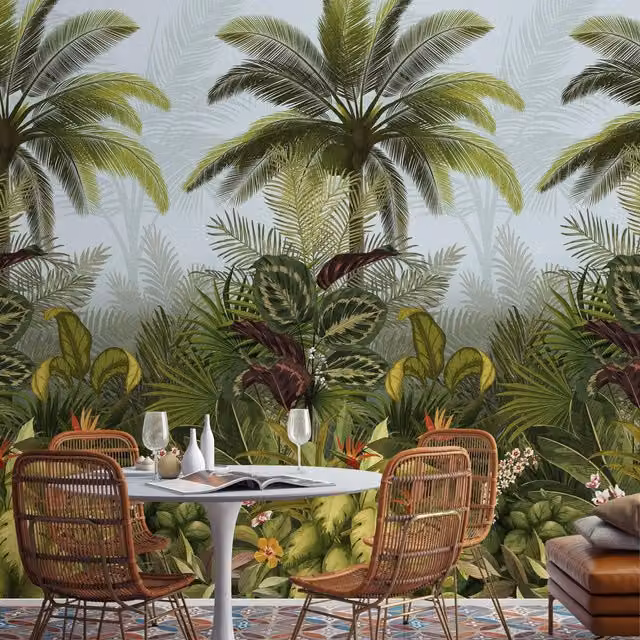 Grandeco Jungle Leaves Raffia Effect Repeatable Wallpaper Mural in Green, W: 159 cm, H: 280 cm