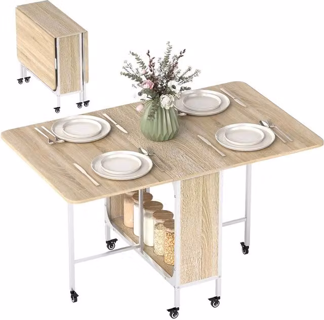 KORVIXA Extendable Rectangular Dining Table in Natural Wood Finish with Castors – 1