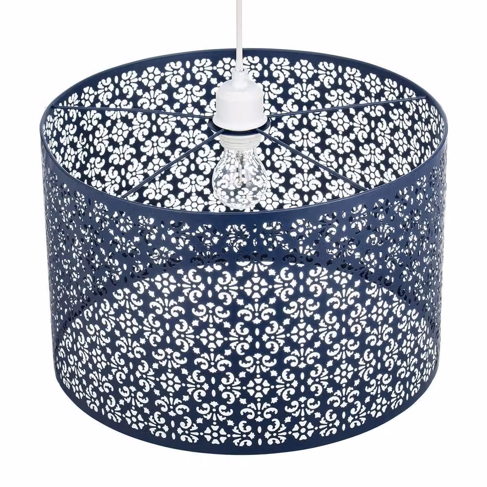 Happy Homewares Moroccan Designed Midnight Blue Metal Pendant Shade with Floral Decor, Diameter: 40 cm – 3