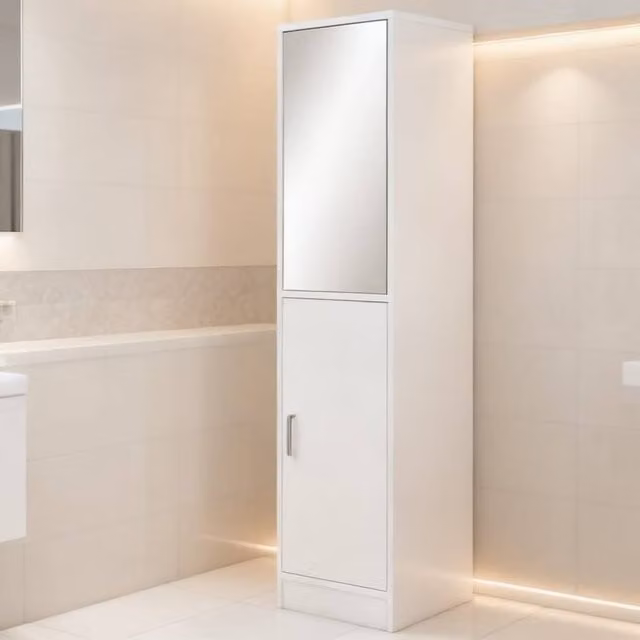 ERGOVEXA Tall White Wall Mounted Bathroom Cabinet with Glass Hinged Doors and Internal Shelves, H: 162 cm, W: 32 cm, D: 28 cm
