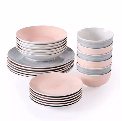 Waterside Fine China 24 Piece Pink and Grey Spin Wash Porcelain Dinner Set
