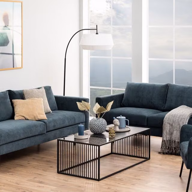 Furniture To Go Strington Rectangular Industrial Coffee Table with Black Matt Glass Top and Metal Frame