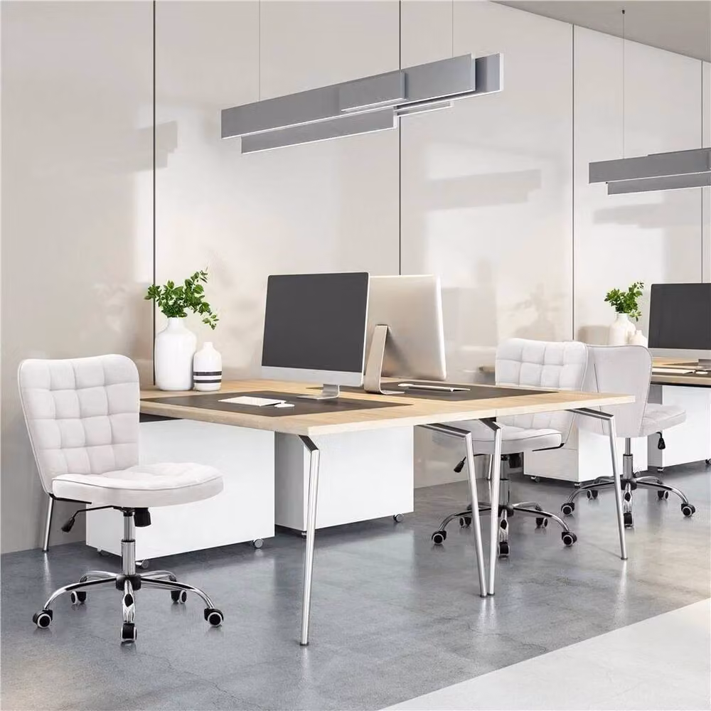 KORVIXA White Synthetic Leather Armless Task Chair with 360 Degree Swivel and Castors – 2