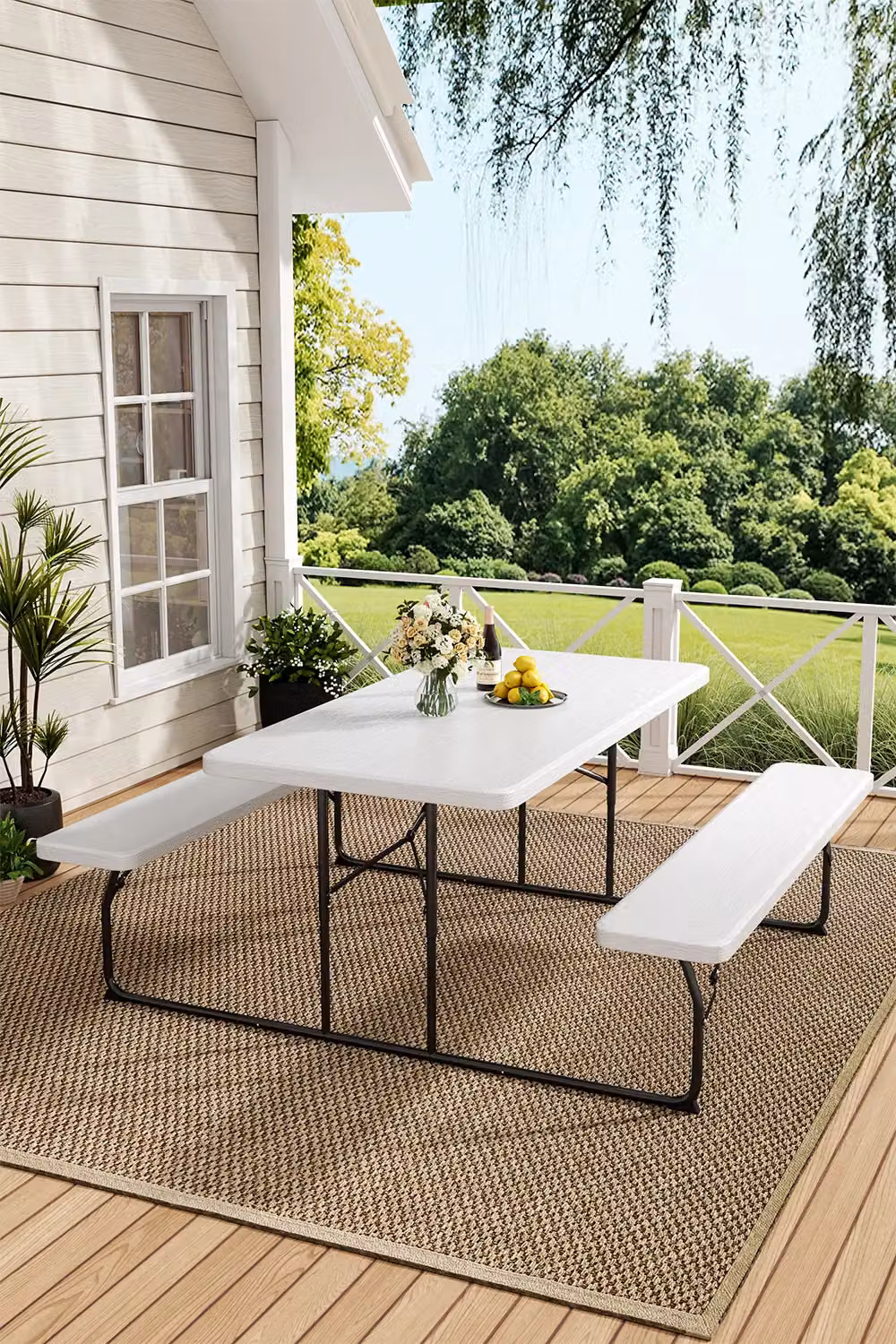 H&O Direct White Outdoor Folding Picnic Dining Table and Benches Set with Parasol Hole – 2