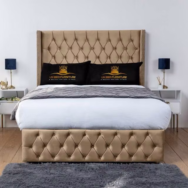 UK Bed Furniture Jasmine Wingback Divan Bed Base with 54 Inch Headboard in Beige, King Size, W/D/H: 180 x 200 cm