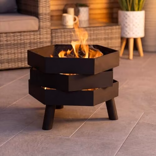 Charles Bentley Hexagonal Steel Fire Bowl in Black, W: 46 cm, D: 46 cm, H: 35.5 cm – 1