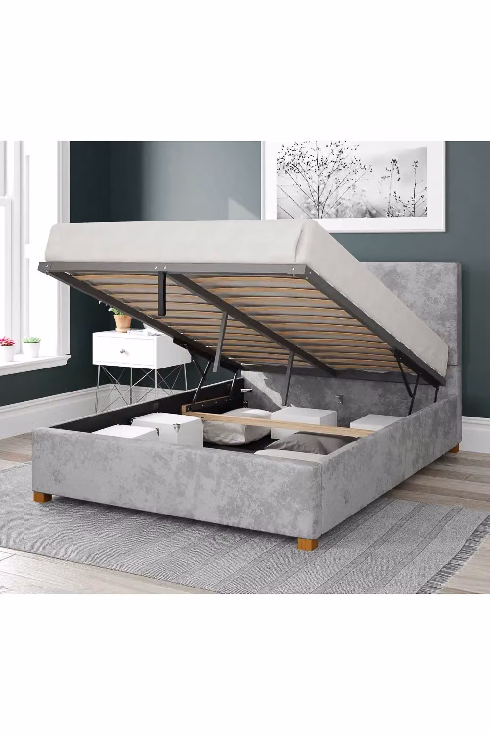 Aspire Garland Upholstered Ottoman Storage Bed in Silver Velvet Fabric, W/D/H: 200 x 200 x 35 cm – 2