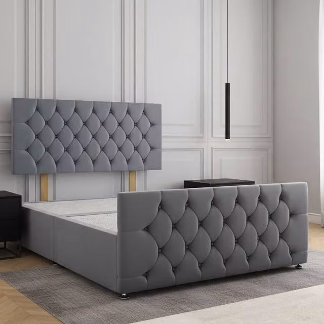 Regional Furnishings Plush Velvet Upholstered Divan Bed in Grey, Small Double, W/D/H: 120 x 200 cm