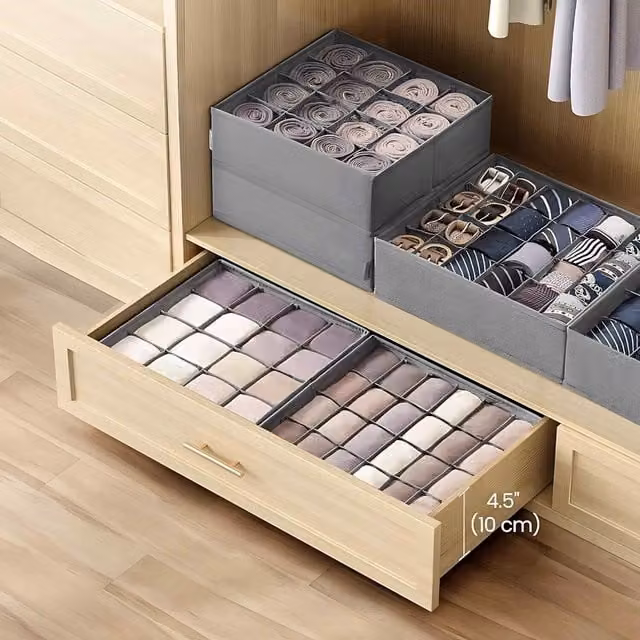The Bazaarist Set of 4 Foldable Plastic Drawer Organisers and Dividers in Grey