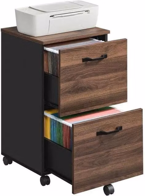 VOGREX Black and Brown Mobile 2-Drawer Office File Pedestal Cabinet with Lock and Castors, W: 42 cm, D: 40 cm, H: 70 cm – 1