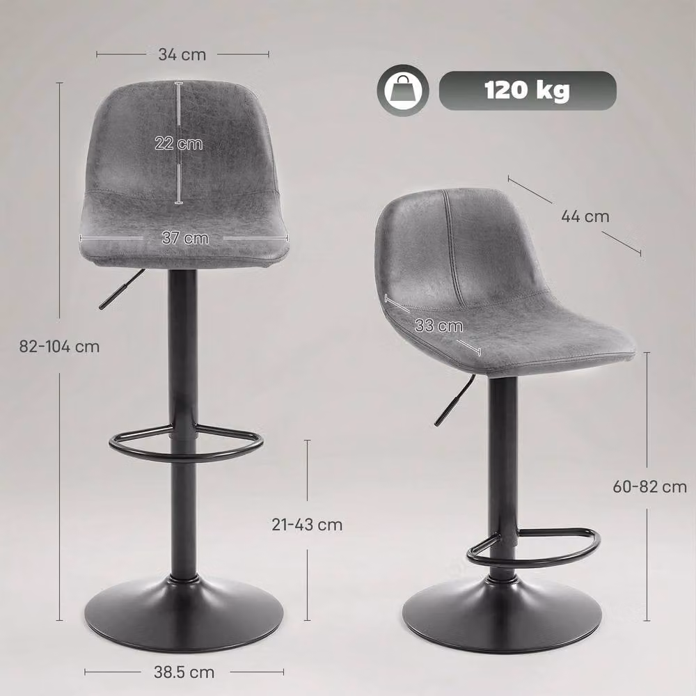 STILVORA Set of 2 Grey Synthetic Leather Bar Stools with Swivel and Adjustable Height – 4