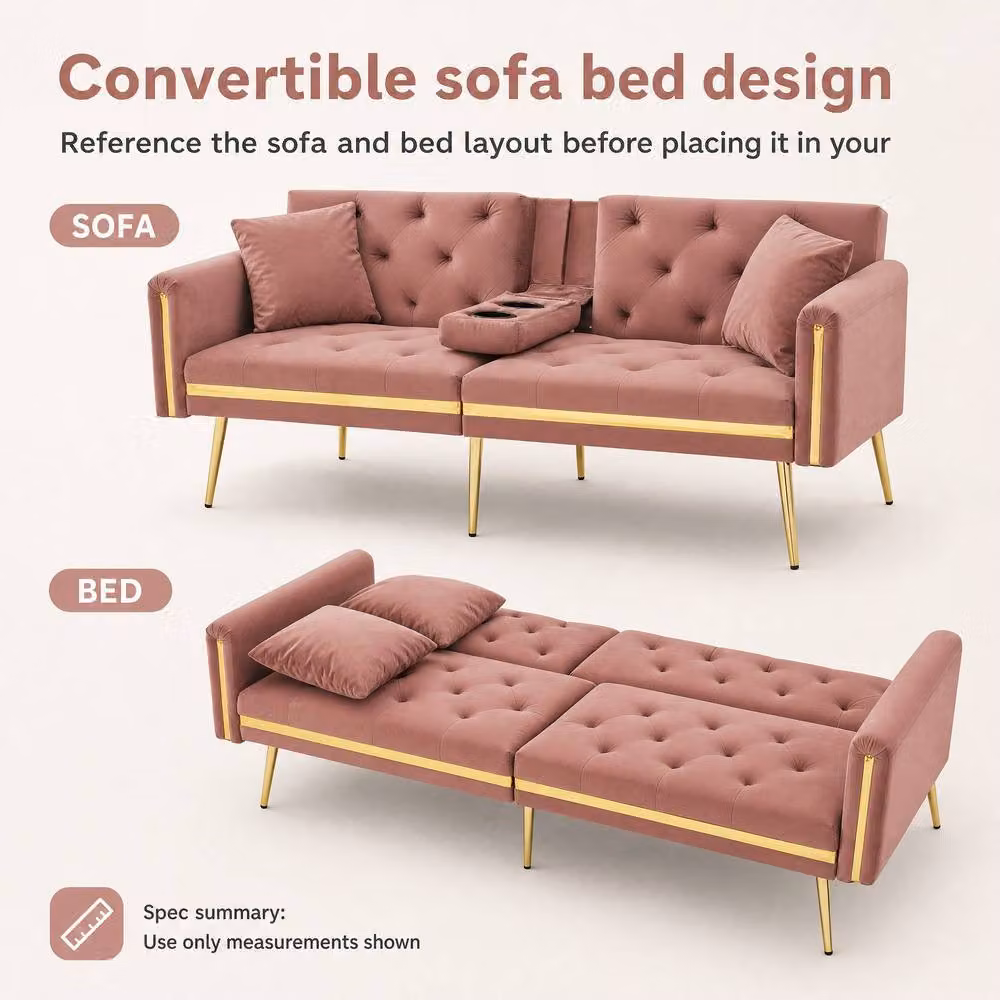 STILVORA 2-Seater Pink Velvet Click-Clack Sofa Bed with Gold Metal Frame and Cup Holders W: 174 cm, D: 76 cm, H: 71.5 cm – 3