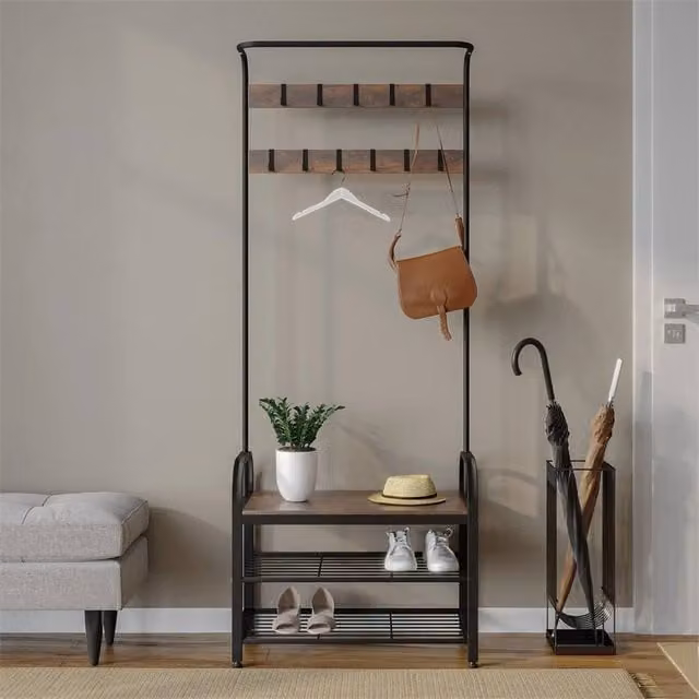 Kelvenix Hall Tree with Bench and Coat Hanger Hooks, Black Metal Storage Display Rack, H 183 x W 72 x D 34 cm – 1