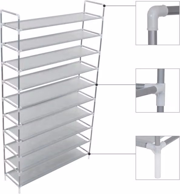 Berkfield Home Freestanding 10-Shelf Metal and Non-woven Fabric Shoe Rack in Silver