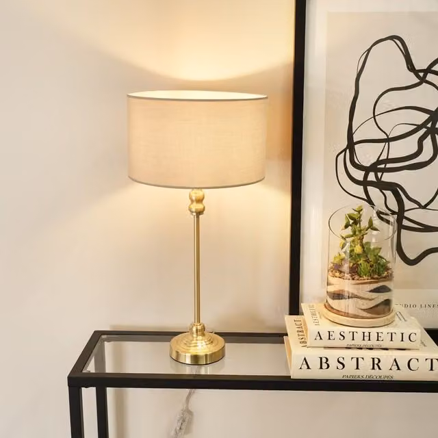 ValueLights Maggie Gold Metal Candlestick Table Lamp with White Fabric Drum Shade and LED Bulb – 1