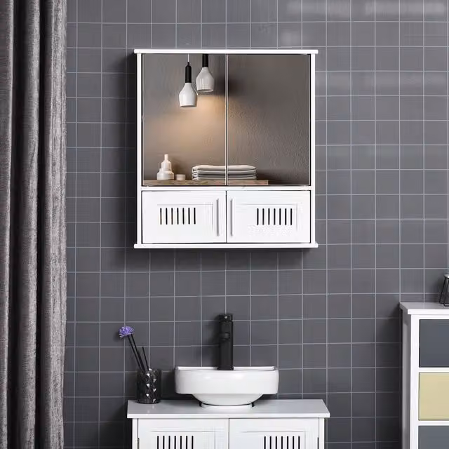Kleankin White Lacquered Wall Mounted Bathroom Mirror Cabinet with Double Hinged Doors – 1