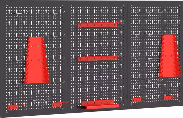 HOMCOM 28-Piece Wall-Mounted Steel Pegboard Garage Tool Storage Unit in Black and Red – 1