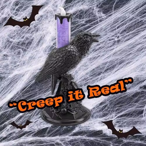 VFM e-Store Flameless Halloween Crow Candle in Orange and Purple, H 20.3 cm x W 20.3 cm x D 10.0 cm – 5