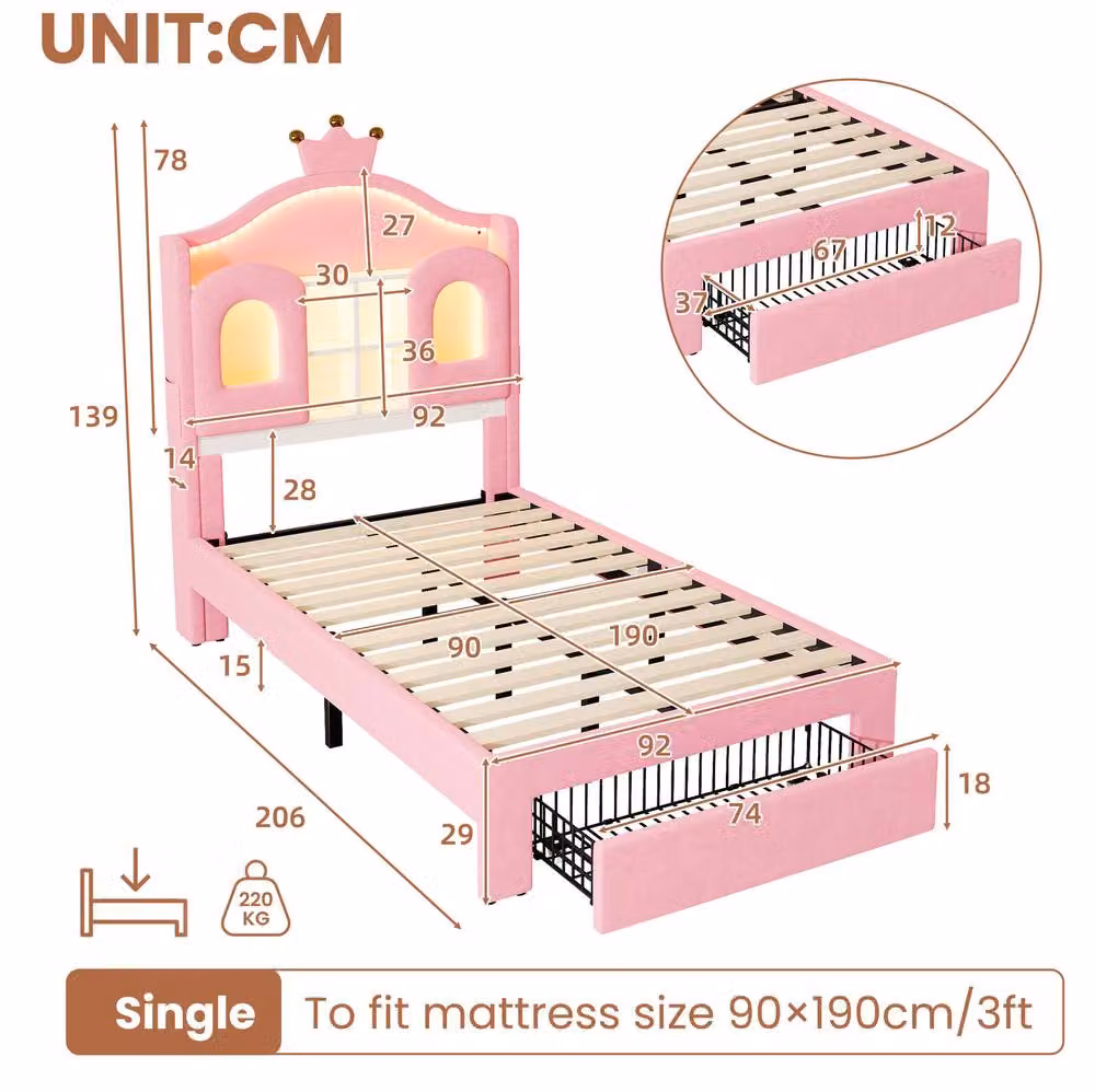 STILVORA Pink Velvet Single Upholstered Bed Frame with Storage Drawers, LED Lighting and USB Charging Port, W/D/H: 90 x 190 cm – 2
