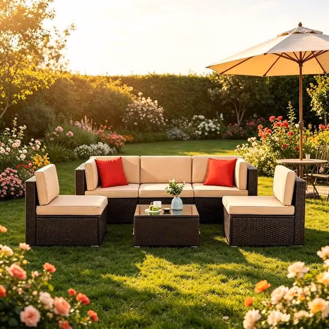 Lishetimig 6-Piece Dark Brown Polyrattan Outdoor Garden Furniture Set with Upholstered Cushions – 1