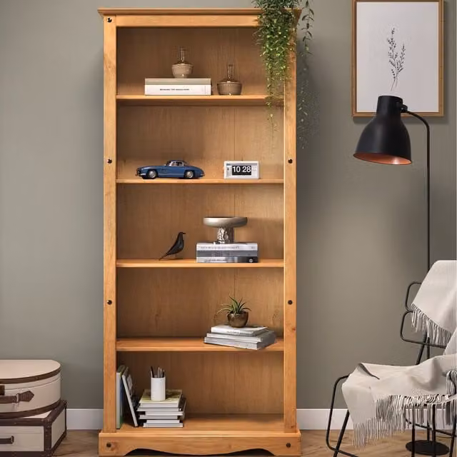 Mercers Furniture Corona Large Solid Pine Wood Open Shelving Display Bookcase in Antique Wax Brown, W/D/H: 82 x 29 x 180 cm