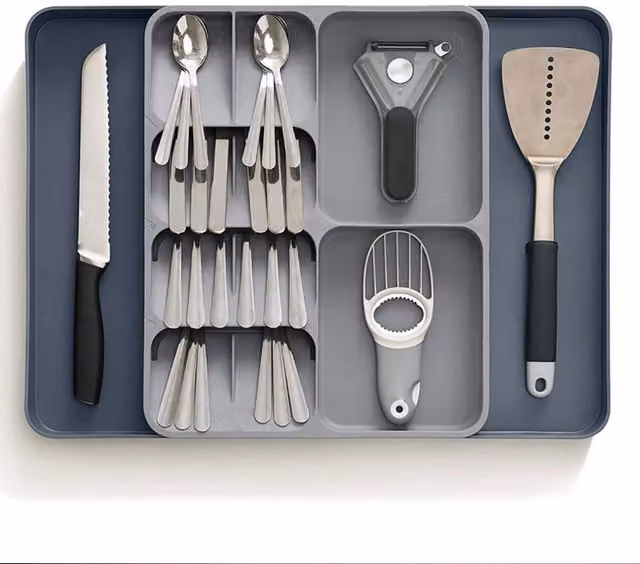Livingandhome Grey Plastic Cutlery Tray and Adjustable Utensil Organiser
