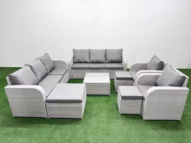 Fimous PE Rattan High Back Lounge Sofa Set in Light Grey with 3 Seater Sofa, Reclining Chair, 3 Stools and Square Coffee Table