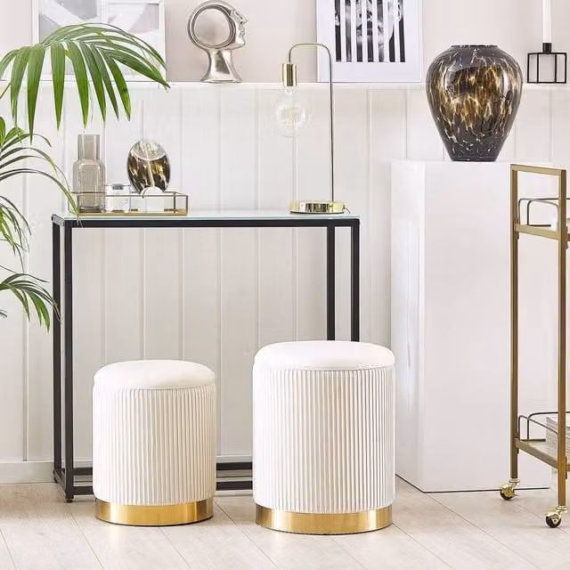 Wyld and Coco Set of 2 White Velvet Storage Pouffes with Gold Metal Bases – 1