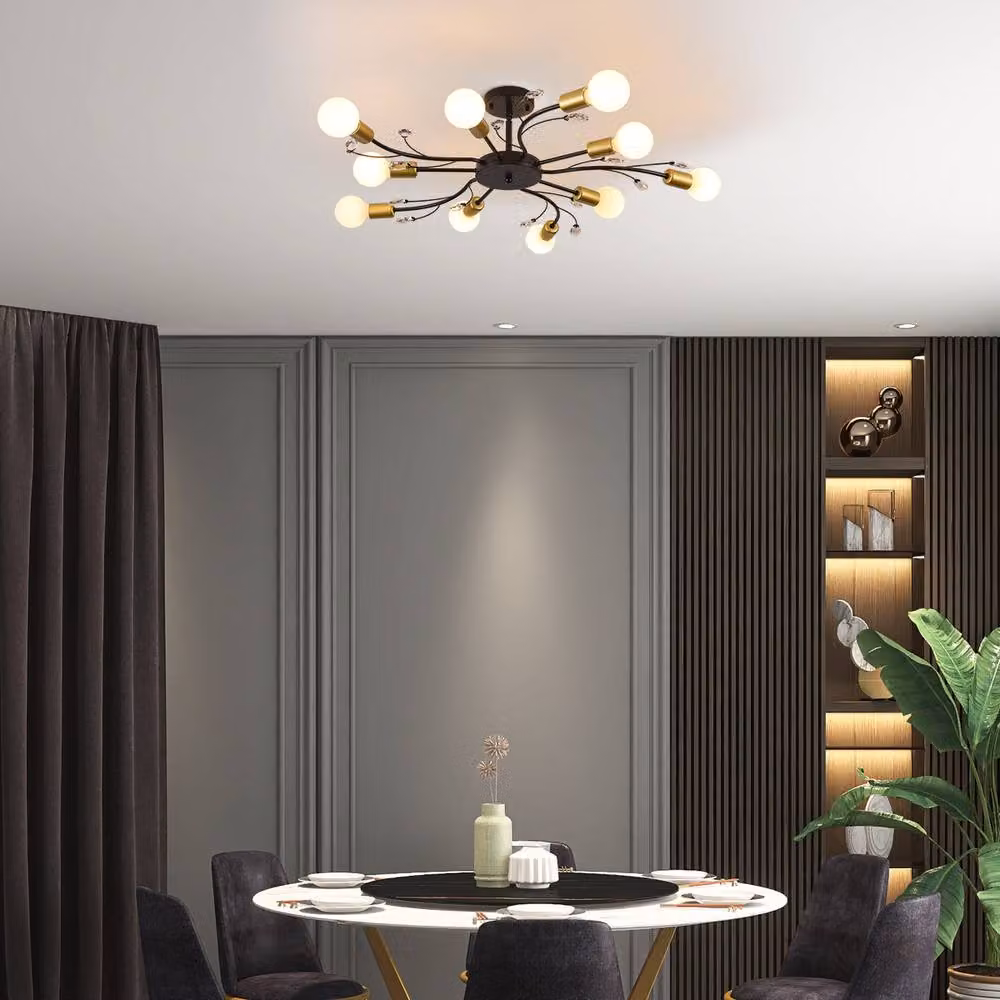 NIVOR Mid Century 10-Light Crystal Chandelier Flush Mount Ceiling Lamp in Black and Gold/Brass with E27 Bulbs – 4