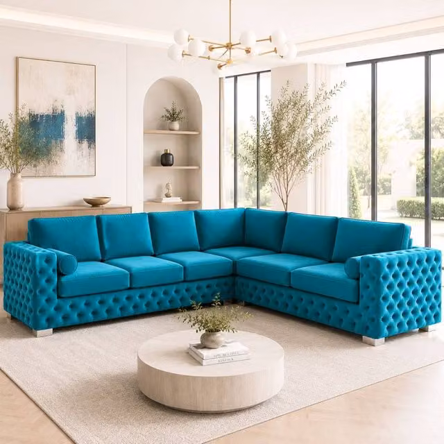 Stratus Interiors Ashley Chesterfield L-Shape Corner Sofa in Petrol Blue Plush Velvet Fabric
