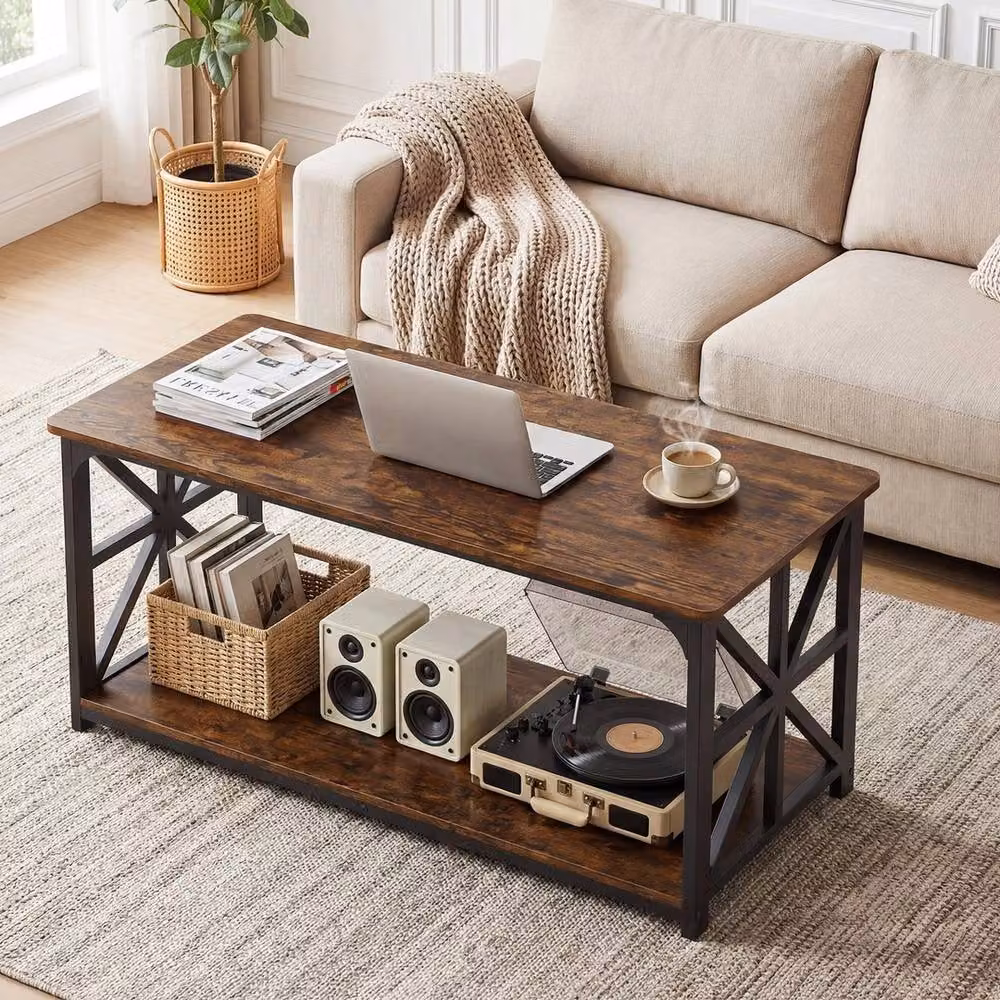 Havendro Brown Farmhouse Coffee Table with X-Frame Design, W/D/H: 109 x 50 x 48 cm – 5