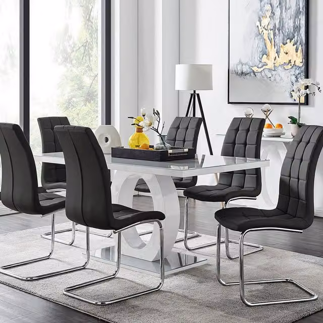FurnitureboxUK Giovani 6-Seater Grey Glass Dining Table and 6 Black Murano Faux Leather Chairs Set – 2
