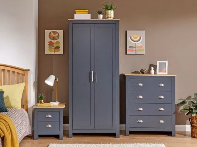 GFW Lancaster 3 Piece Bedroom Furniture Package in Slate Blue and Oak