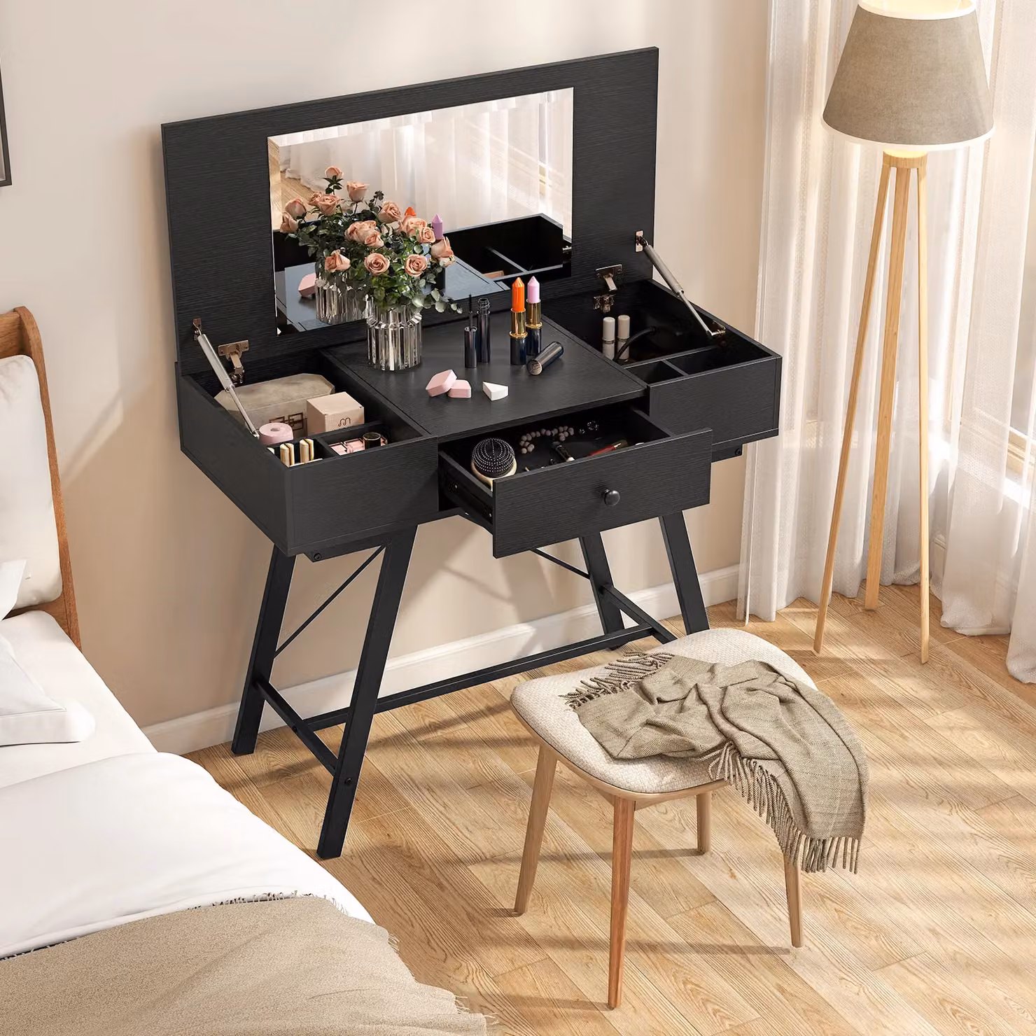 Costway Modern Black Flip Top Vanity Desk with Mirror and Metal X-Frame Design – 2