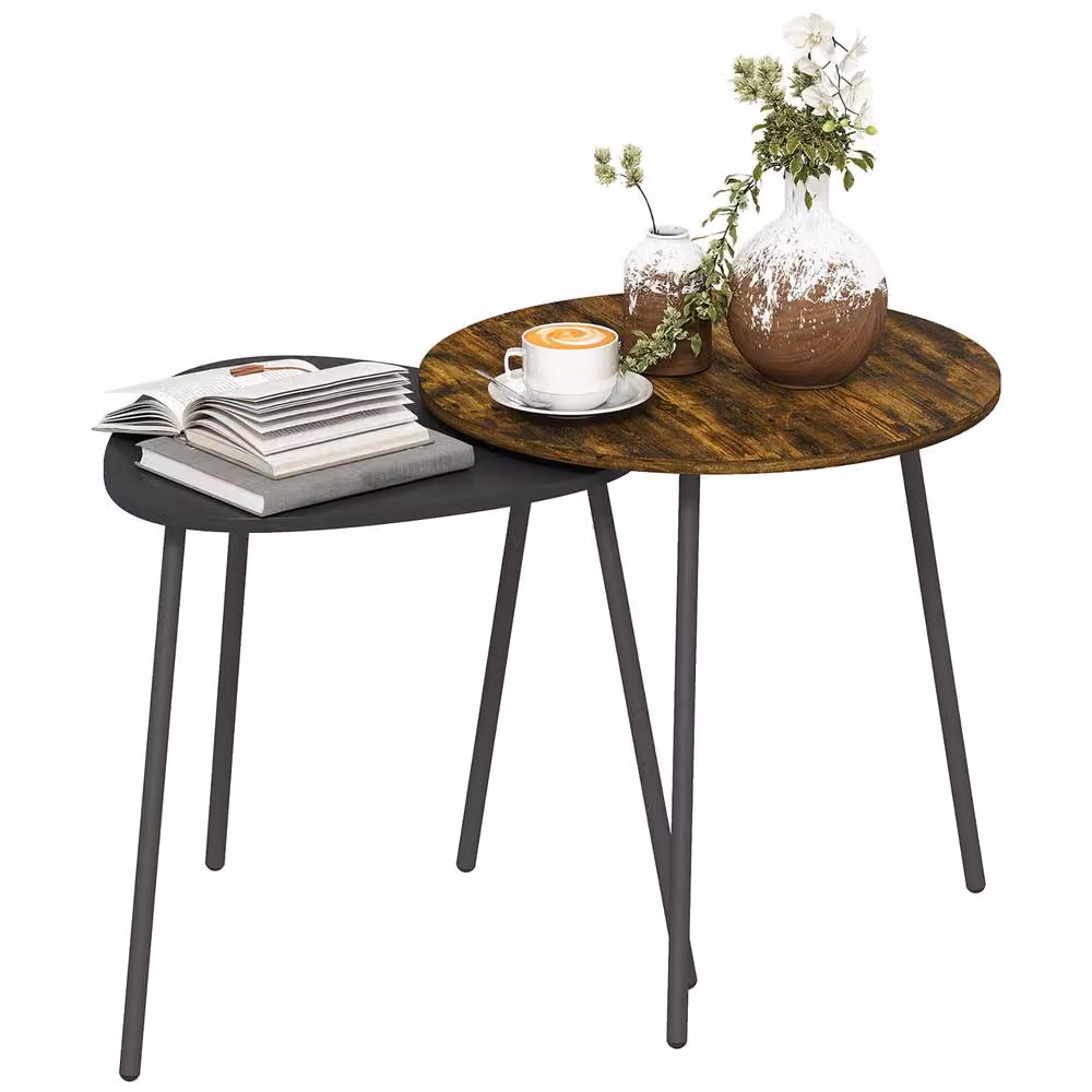 HOMCOM Set of 2 Nesting Side Tables with Round MDF Laminate Tops and Metal Frames in Rustic Brown – 2