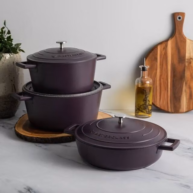 MasterClass Set of 3 Purple Non-Stick Cast Aluminium Casserole Dishes in Aubergine – 1