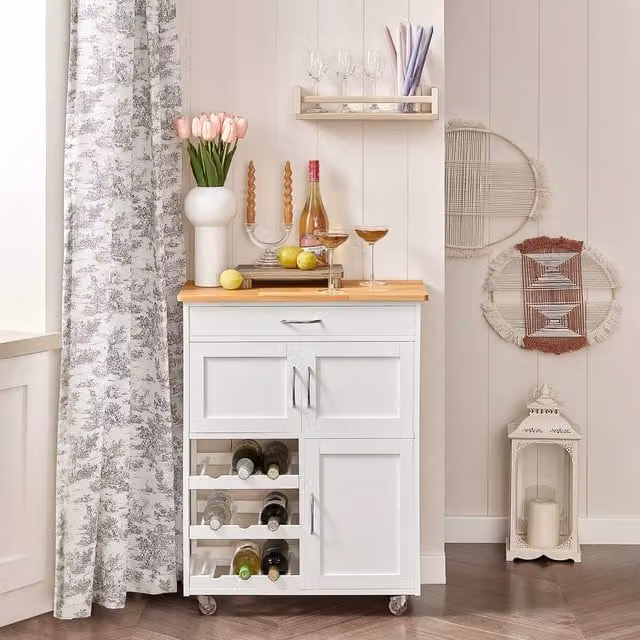 SoBuy Mobile Kitchen Trolley with Solid Wood Top in White – 1