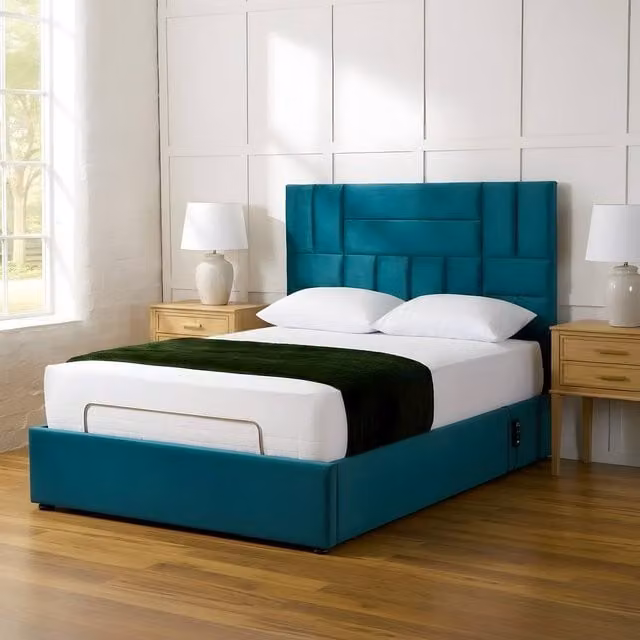 Paradise Beds Ltd Electric Adjustable Panel Mobility Bed with Headboard and Mattress in Petrol Velvet, Super King, 200 x 200 cm
