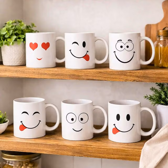 Marco Paul 6pc White Ceramic Mug Set with Funny Faces