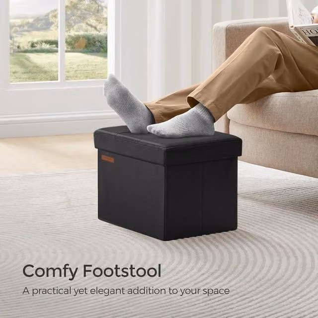 SONGMICS Small Cube Foldable Storage Ottoman and Foot Rest in Black Synthetic Leather