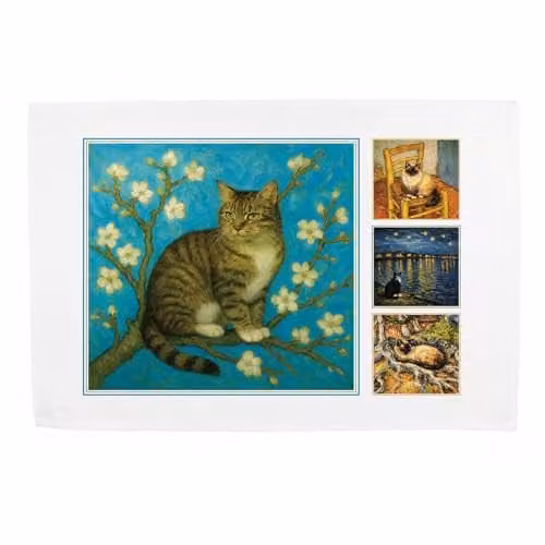 Purely Home Van Gogh Cats Artwork Inspired Panama Cotton Kitchen Tea Towel, Multicolour, W: 67 cm x H: 45 cm – 1