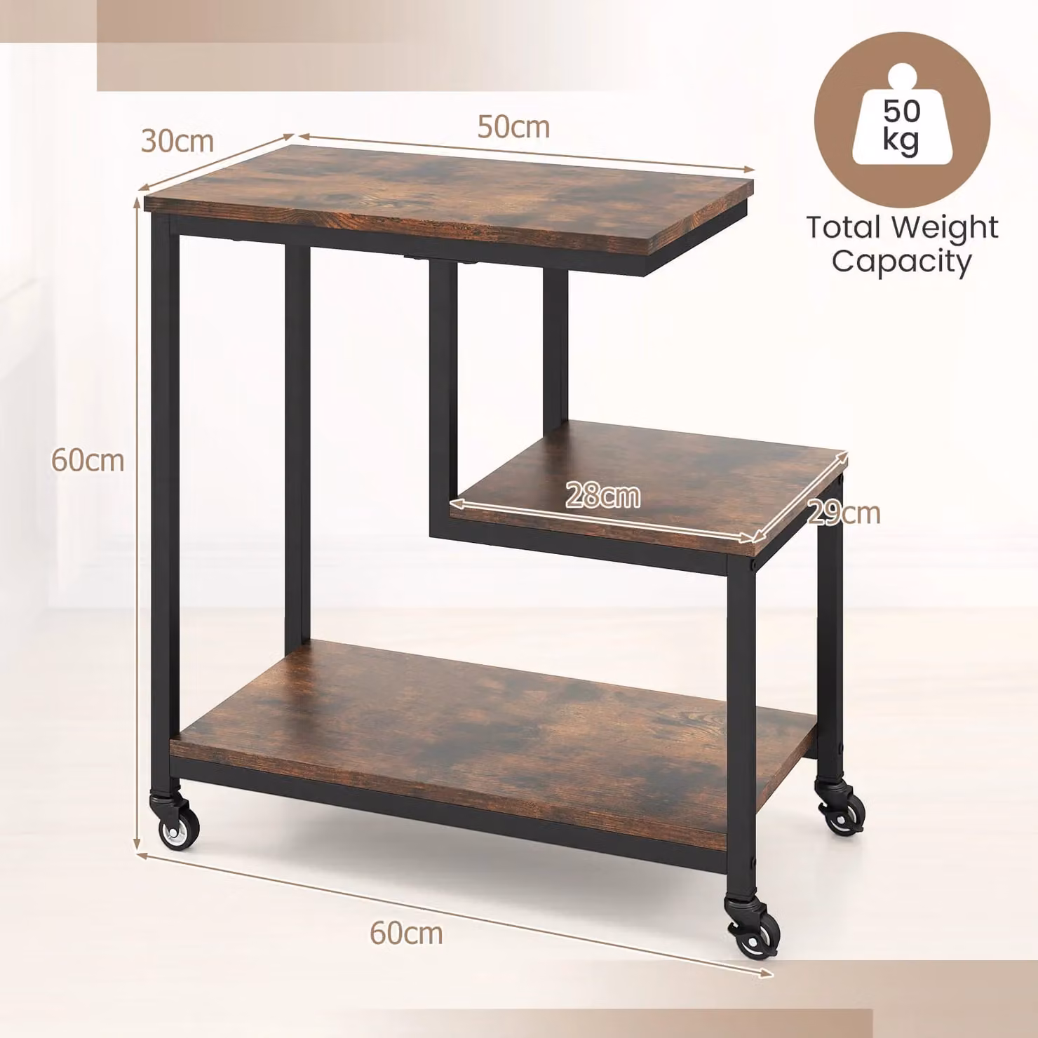 Costway G-shaped 3-Tier Mobile Side Table with Open Shelves and Castors in Brown – 3